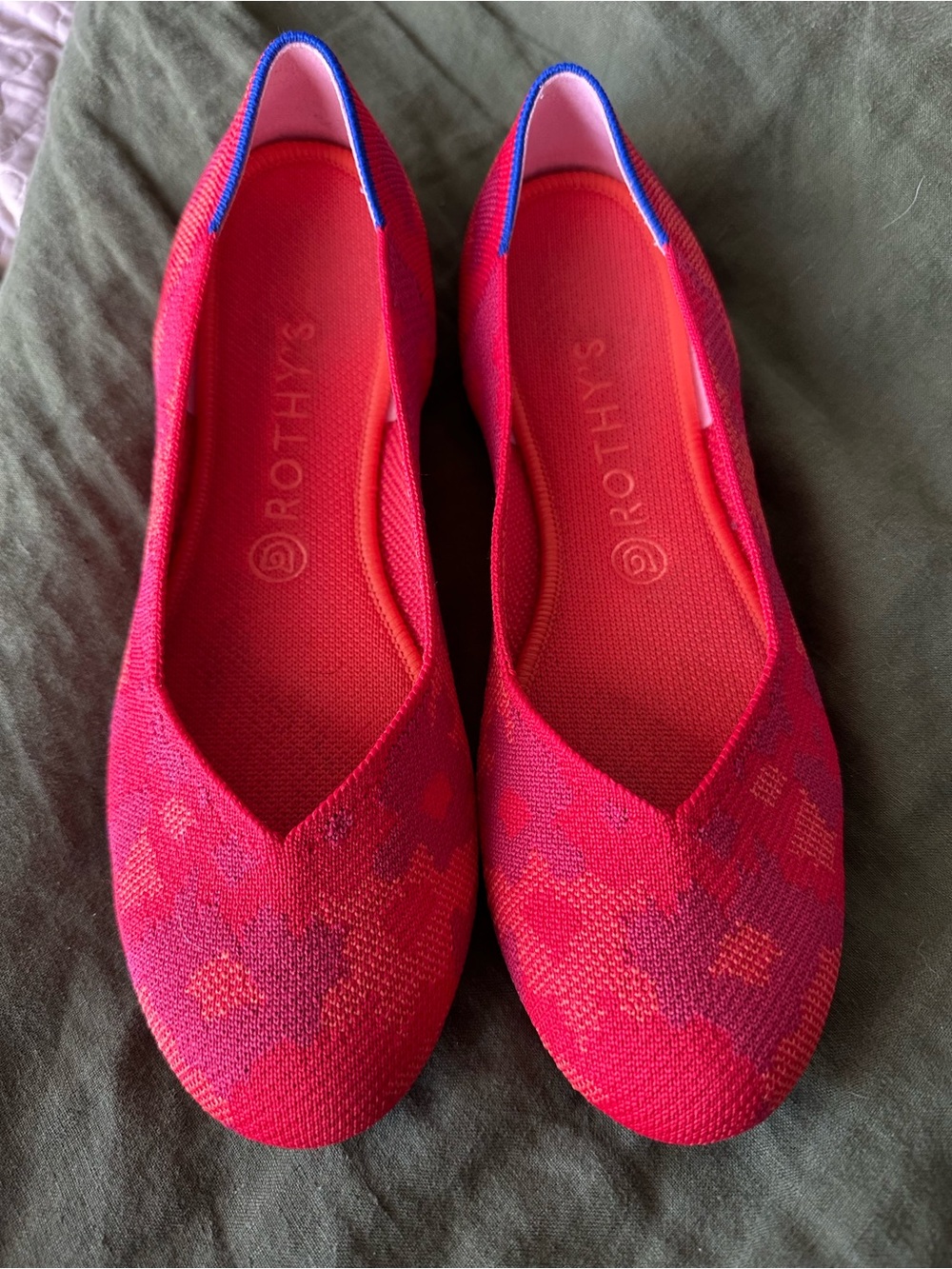 Rothy's Women's Bright Red Knit Slip-On Flats with Pink Accents rounded toe